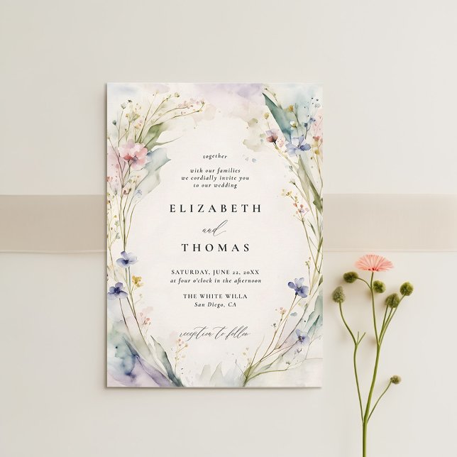 Convites Wildflower Fête Romântico Elegante Ecru Casamento (wildflower wedding theme invitation watercolor ecru garden modern classic elegant spring summer)