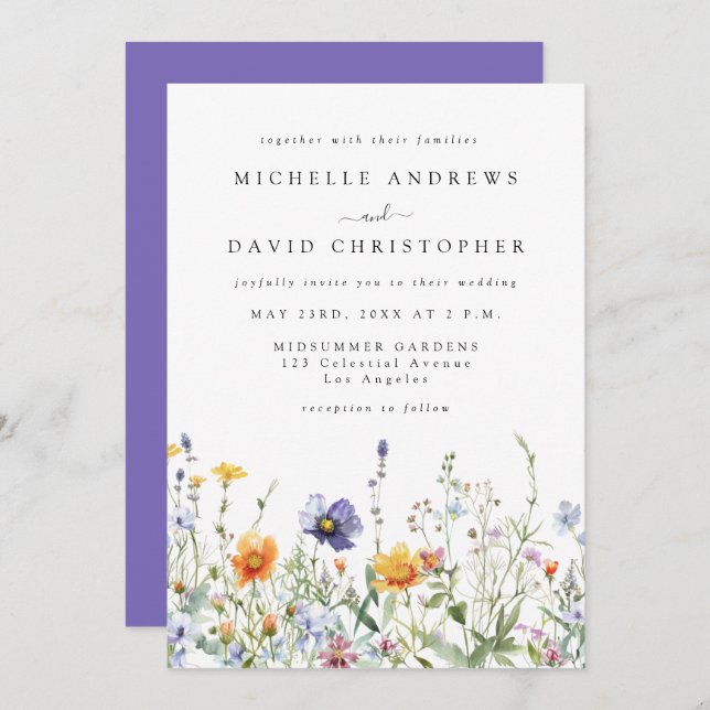 Convites Wildflower Field Wedding Invitation (Frente/Verso)
