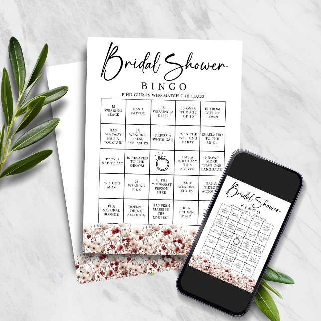 Convites Wildflower Find the Guest Chá de panela Bingo Game (Wildflower Find the Guest Bridal Shower Bingo Game)