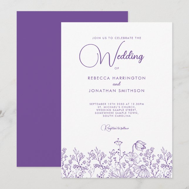 Convites Wildflower Floral Elegant Lilac Wedding (Frente/Verso)