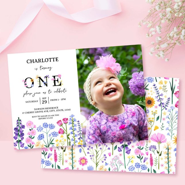 Convites Wildflower Floral Girl First Birthday Primavera Ph (Wildflower Floral Girl First Birthday Spring Photo Invitation)