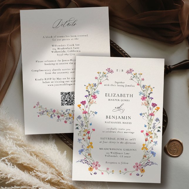 Convites Wildflower Grace Romantic Garden All One Wedding (wildflower wedding theme invitation romantic colorful watercolor pastel floral timeless elegant)