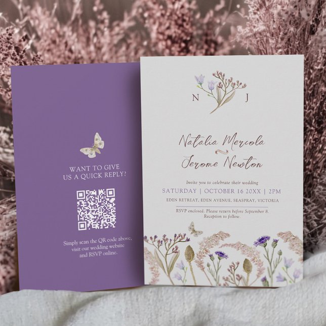 Convites Wildflower grasses watercolor fall wedding QR code (Criador carregado)