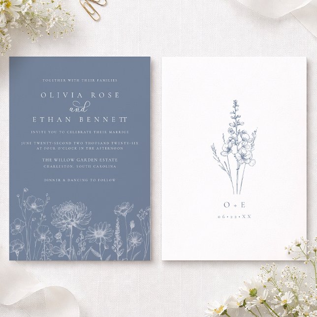 Convites Wildflower Line Art Periwinkle Wedding  (Periwinkle Wedding Invite)