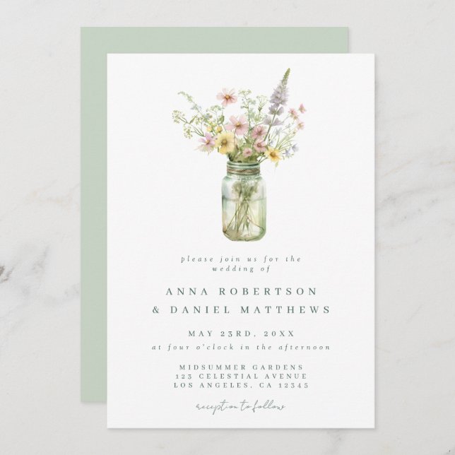 Convites Wildflower Mason Jar Wedding (Frente/Verso)