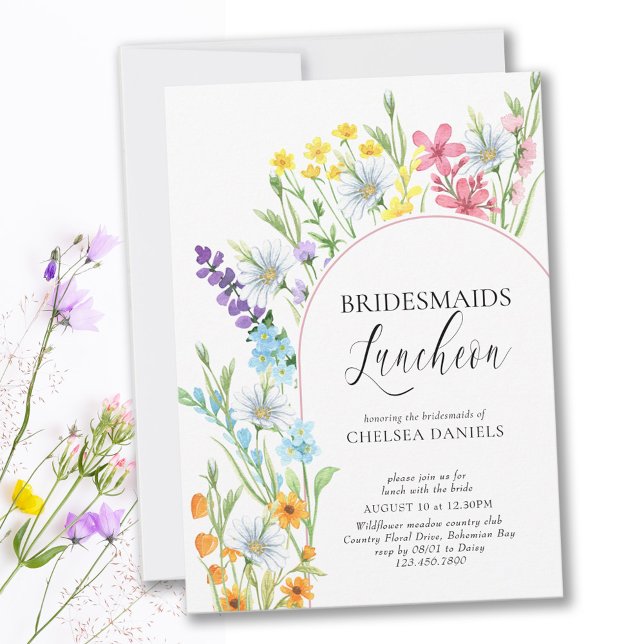 Convites Wildflower Meadow Arch Bridesmaids Luncheon (Delicate, feminine and colorful with country meadow flowers and elegant calligraphy)
