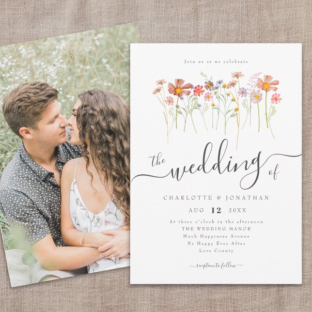 Convites Wildflower Meadow Boho - Foto de Script Whimsical (Wildflower meadow photo wedding invitation Whimsical elegant script watercolor florals fall colors)