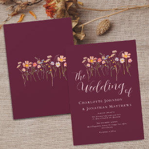 Convites Wildflower Meadow Elegant Script Burgundy & Blush