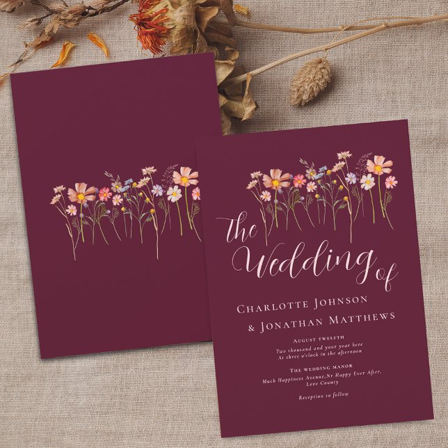 Convites Wildflower Meadow Elegant Script Burgundy & Blush (Wildflower meadow boho floral burgundy terracotta blush pink fall Wedding invitation Elegant script)
