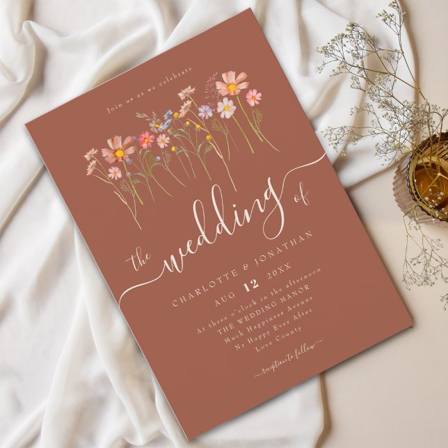 Convites Wildflower Meadow Modern Script Terracotta & Beige (Wildflower meadow boho floral terracotta & beige Wedding Elegant modern script watercolor fall color)