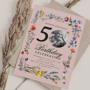 Convites Wildflower Meadow Photo 50th Birthday Blush Pink