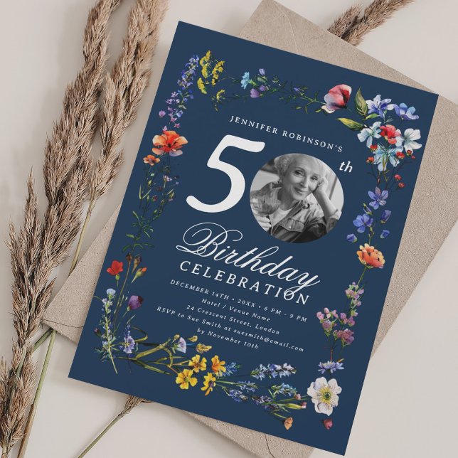 Convites Wildflower Meadow Photo 50th Birthday Marinho Blue (Wildflower Meadow Photo 50th Birthday Navy Blue Invitation)