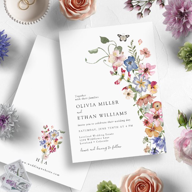 Convites Wildflower Modern Wedding (Elegant Monogrammed Watercolor Wildflower Wedding Invitation by Painted Paperie)