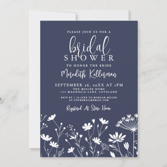 Convites Wildflower Navy Blue Bridal Shower (Frente)