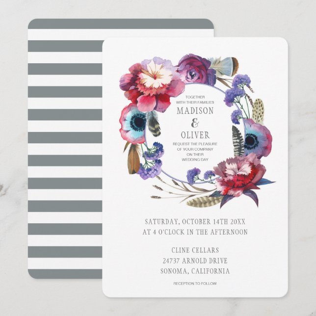 Convites Wildflower Peony Floral com Penas| Casamento (Frente/Verso)