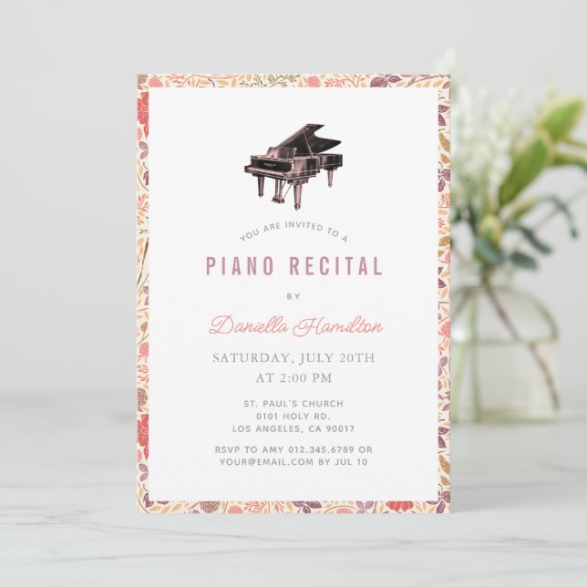 Convites Wildflower Piano White Recital Invitation (Em pé/Frente)