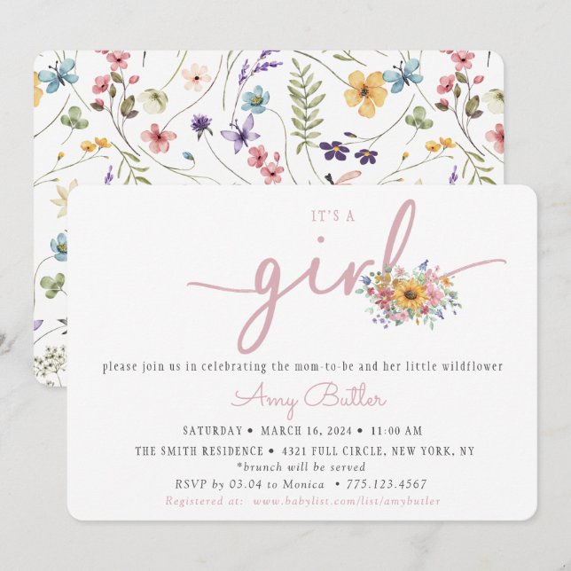 Convites Wildflower Pink Baby Shower Invitation (Frente/Verso)