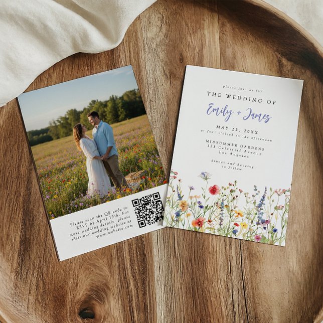 Convites Wildflower QR Code Photo Wedding Invitation (Criador carregado)