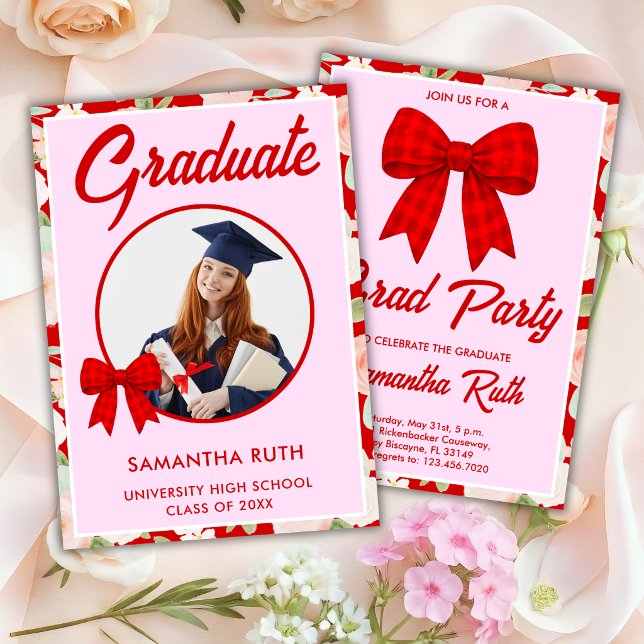 Convites Wildflower Red Gingham Bow Photo Graduation (Criador carregado)