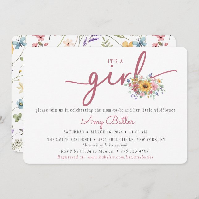 Convites Wildflower & Rose Baby Shower Invitation (Frente/Verso)