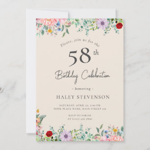 Convites Wildflower Rustic Boho 58th Birthday Simple Beige