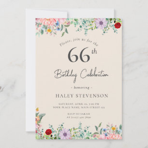 Convites Wildflower Rustic Boho 66º Aniversário Simples Bei