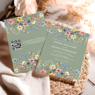 Convites Wildflower Rustic Sage Green Wedding Código QR