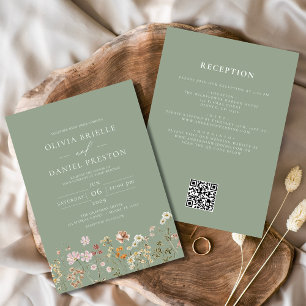 Convites Wildflower Sage Green All in One QR Code Wedding