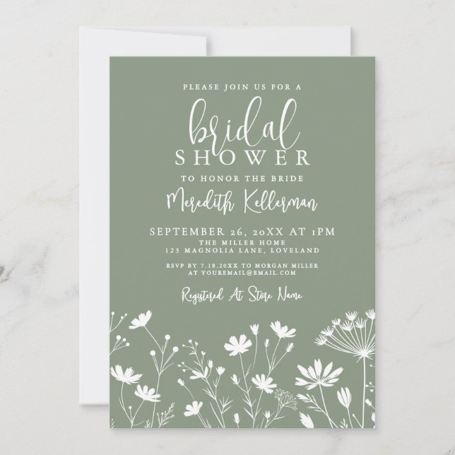 Convites Wildflower Sage Green Bridal Shower (Frente)