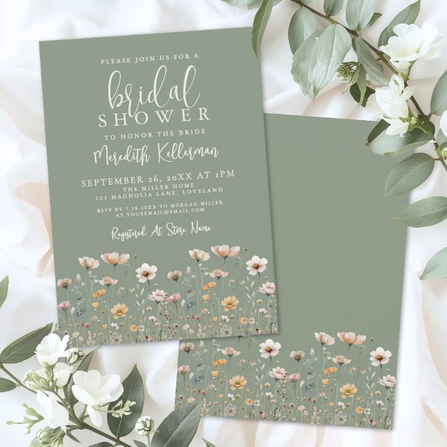 Convites Wildflower Sage Green Bridal Shower (Wildflower Sage Green Bridal Shower Invitation)