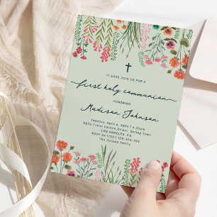 Convites Wildflower Sage Green Primeira Comunhão Santa