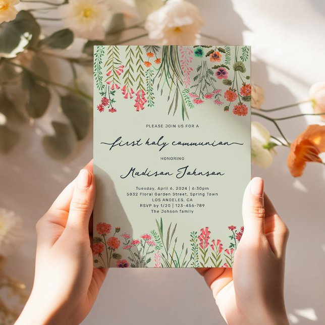 Convites Wildflower Sage Green Primeira Comunhão Santa (Wildflower Sage Green First Holy Communion Invitation)