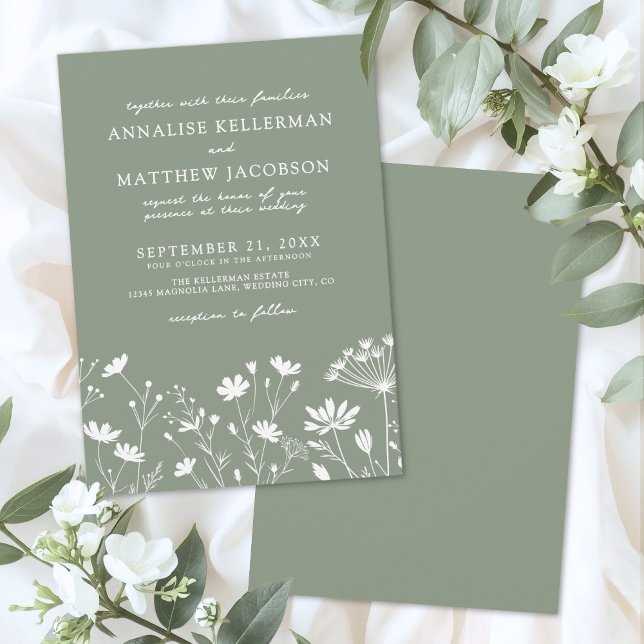 Convites Wildflower Sage Green Wedding (Wildflower Sage Green Wedding Invitation)