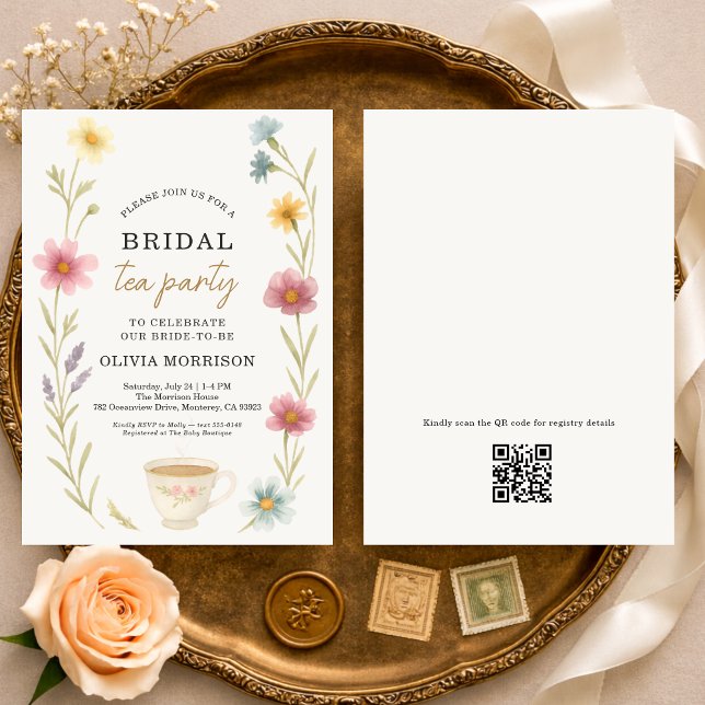Convites Wildflower Tea Floral QR Code Bridal Shower  (Criador carregado)