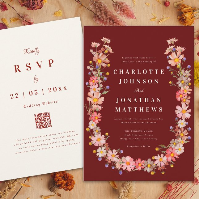 Convites Wildflower Terracotta Beige Casamento outono (Boho wildflower wreath terracotta fall wedding invitation )