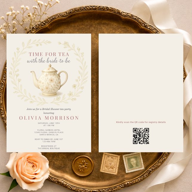 Convites Wildflower Time for Tea QR Code Bridal Shower (Criador carregado)