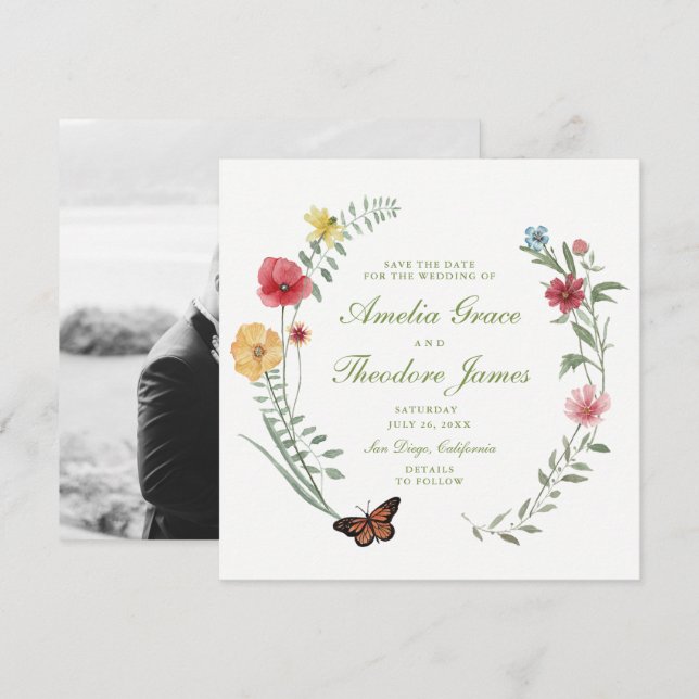 Convites Wildflower Wedding Save the Date (Frente/Verso)