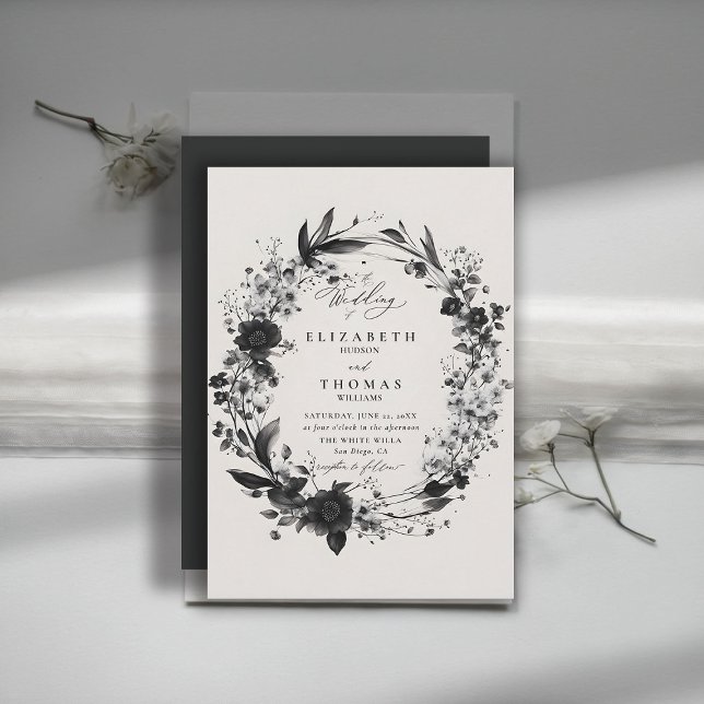 Convites Wildflower Wreath Modern Chic Elegant Wedding (wildflowers wedding invitation black white floral wreath frame elegant modern romantic boho)
