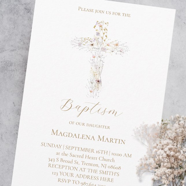 Convites wildflowers cross | Baptism Invitation (Criador carregado)