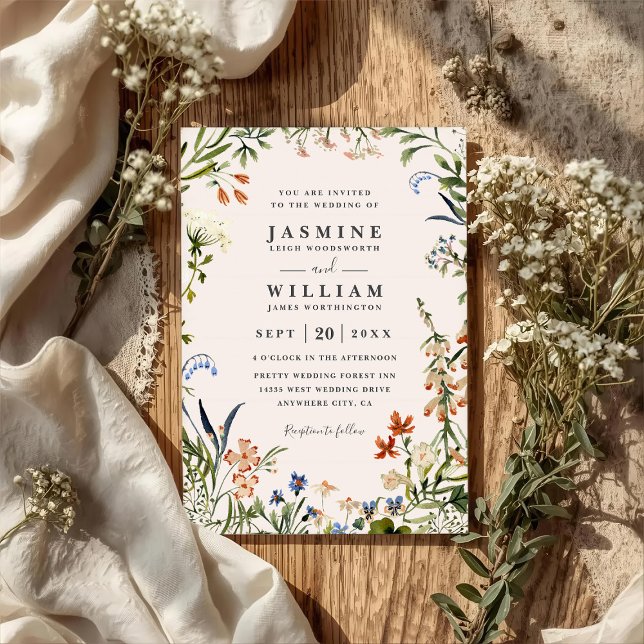 Convites Wildflowers Elegant Modern Rustic QR Code Wedding (Criador carregado)