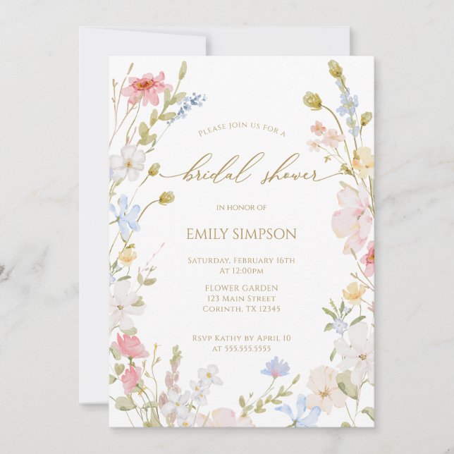 Convites Wildflowers elegant modern Spring Bridal Shower  (Frente)
