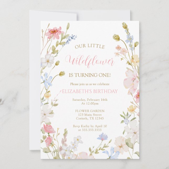 Convites Wildflowers elegant Spring First Birthday (Frente)