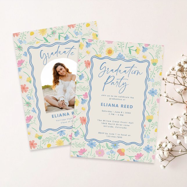 Convites Wildflowers Floral Photo Graduation Invitation (Wildflower pattern pastel colors graduation photo announcement with invitation on the back )