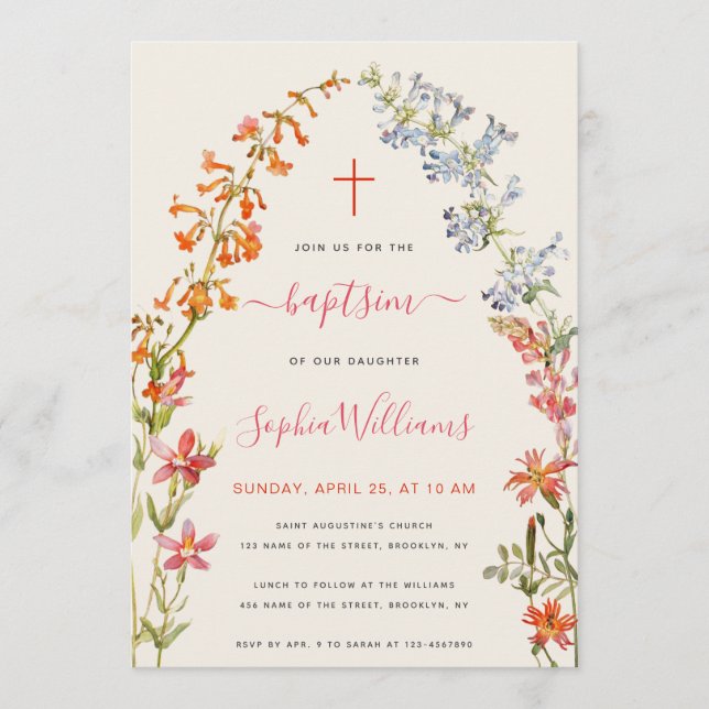 Convites Wildflowers Girl Baptism Floral Watercolor  (Frente)