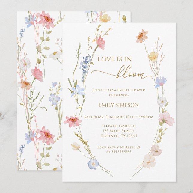 Convites Wildflowers Love is in bloom Bridal Shower  (Frente/Verso)