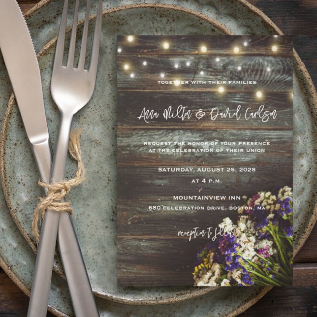 Convites Wildflowers on Wood String Lights Rustic Wedding (Criador carregado)