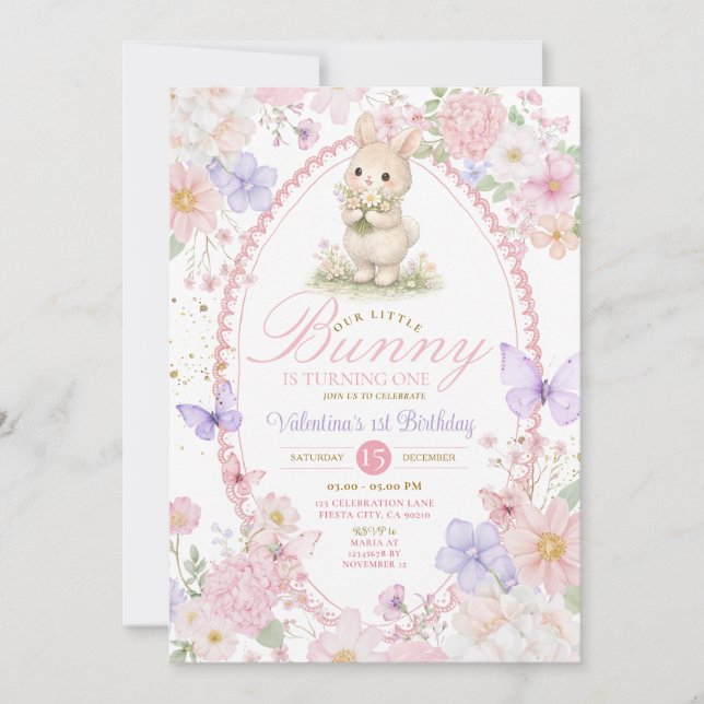 Convites Wildflowers Pink Bunny First Birthday Invitation  (Frente)