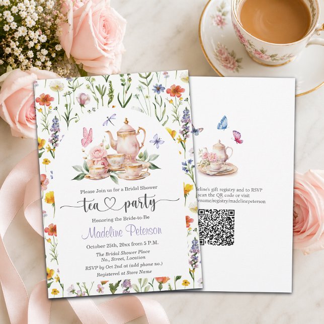 Convites Wildflowers QR Code Tea Party Bridal Shower  (Criador carregado)