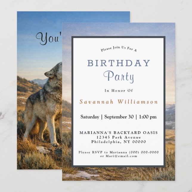 Convites Wildlife Howling Gray Wolf Birthday (Frente/Verso)