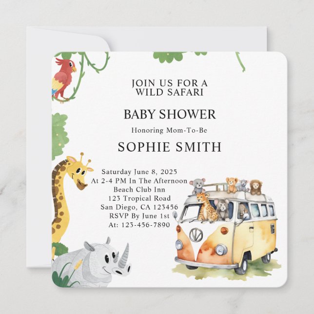 Convites Wilels Safari Animal Camper Van Chá de fraldas (Frente)